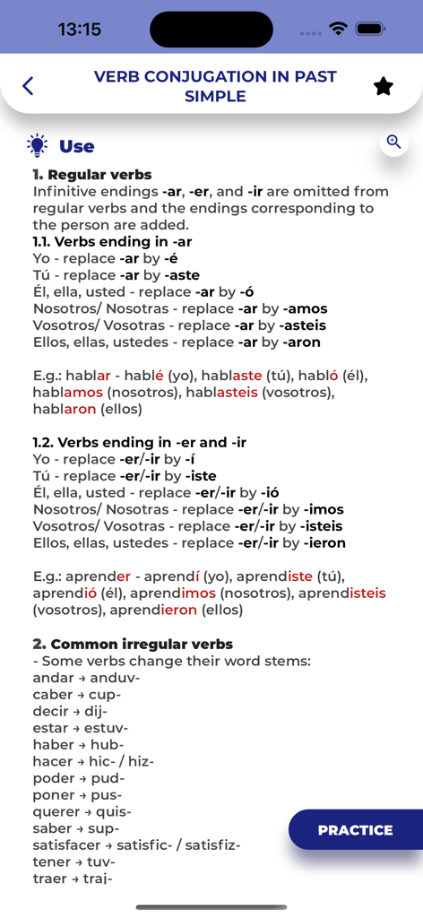 Spanish GrammarーLessons・Tests - Spanish grammar lesson on verb conjugation in the past simple tense showing rules for regular and irregular verbs.