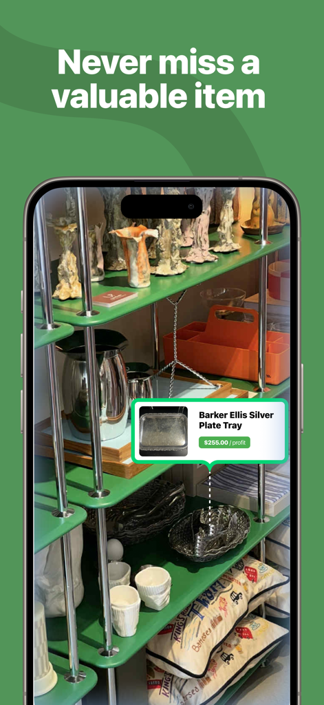 ThriftAI app scanning an antique silver tray to show estimated profit