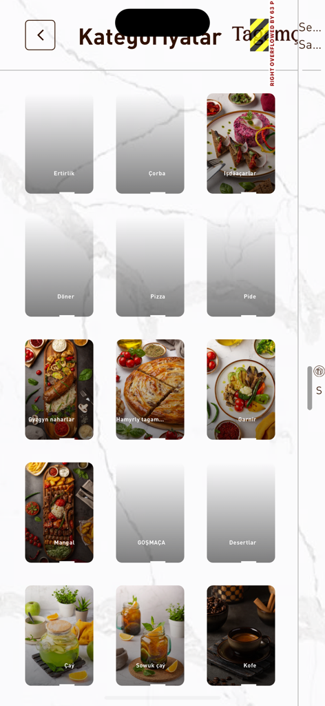 Tagamçy - Tagamcy app interface showing a grid of food categories including breakfast, soup, doner, and grill dishes