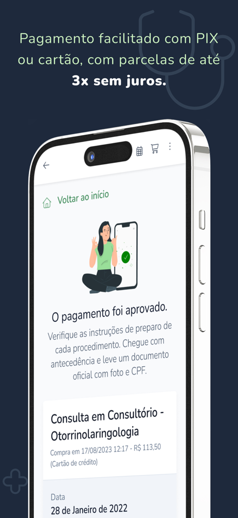 Medprev app screen showing a successful payment confirmation for a medical appointment.