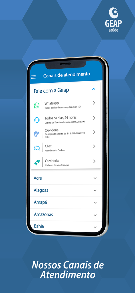 GEAP Prestador - GEAP Prestador app screen displaying customer support channels including WhatsApp chat and regional state contacts