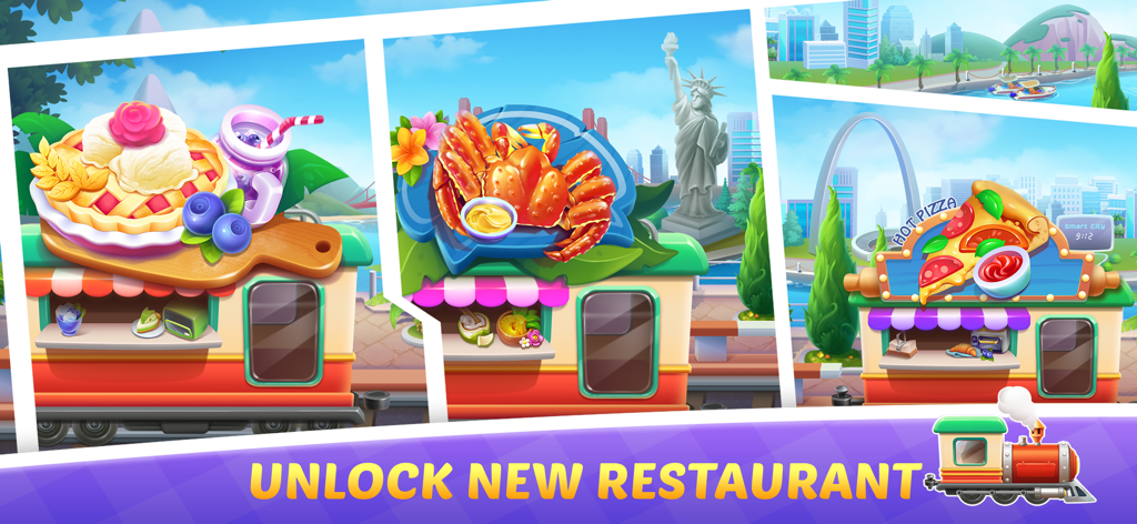 Cooking Train - Food Games - A screenshot of Cooking Train showing different themed restaurant cars on a track with international food and famous landmarks.