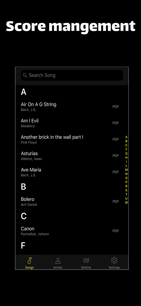 All Sheet Music - Interfaz de gestión de biblioteca de partituras y partituras digitales mostrando una lista de canciones organizadas alfabéticamente.