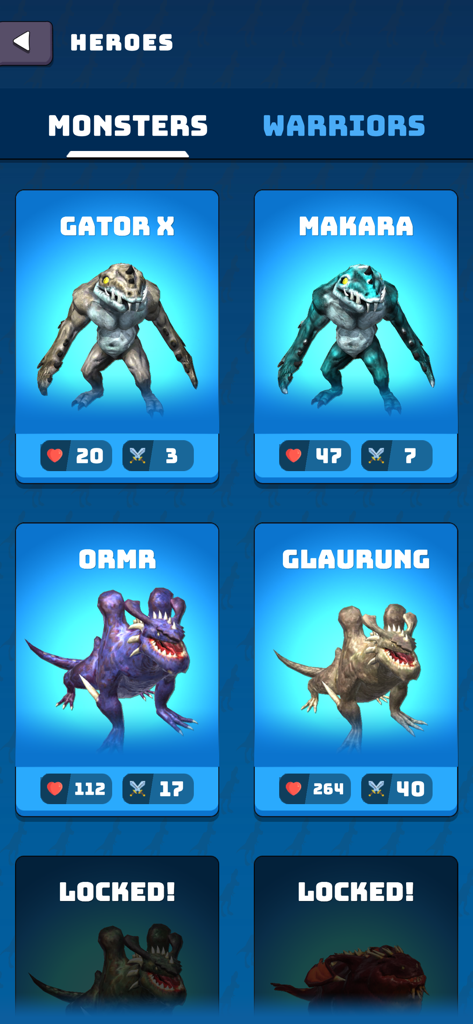 Merge Master: Cosmic Incursion - A screenshot of the monsters gallery in Merge Master Cosmic Incursion showing unlocked creatures like Gator X Makara Ormr and Glaurung with their health and attack stats