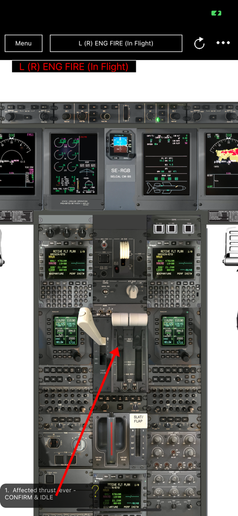 Global Express Trainer cockpit view showing an engine fire emergency procedure and thrust lever instruction