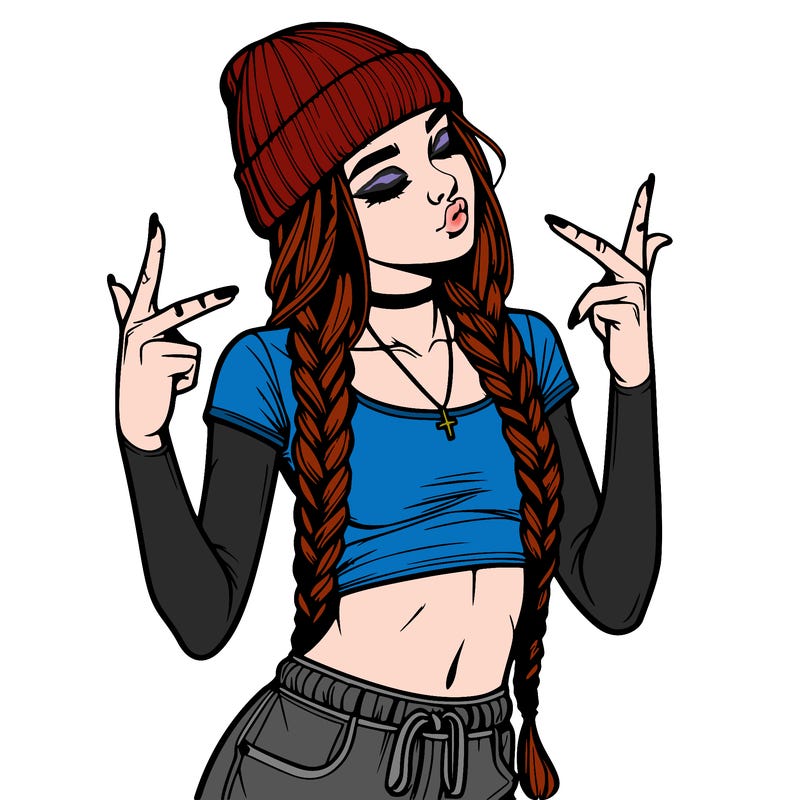 realistic teenage girl with braids and a beanie and crop top doing 🫶🏼