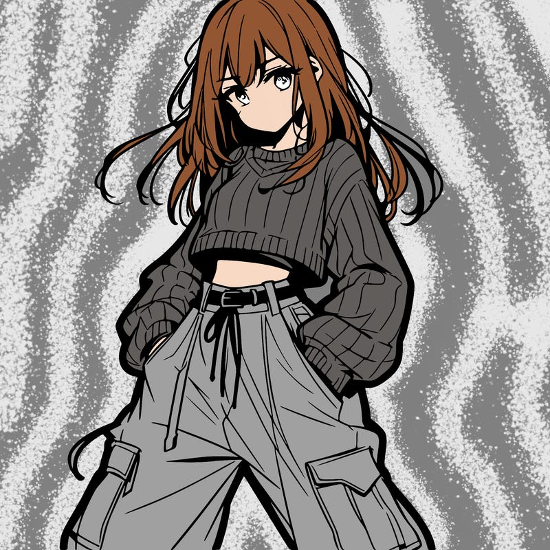anime teen girl with baggy pants and crop top with sweater