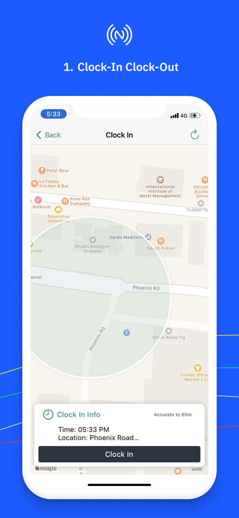 NuovoTeam app screen showing the clock-in clock-out feature with map-based geolocation tracking.