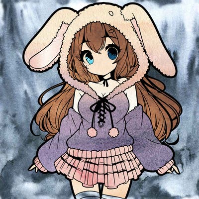 pretty anime girl wearing a fluffy hoodie with bunny ears on the hood and a skirt