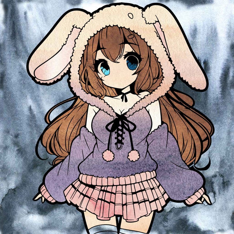 pretty anime girl wearing a fluffy hoodie with bunny ears on the hood and a skirt