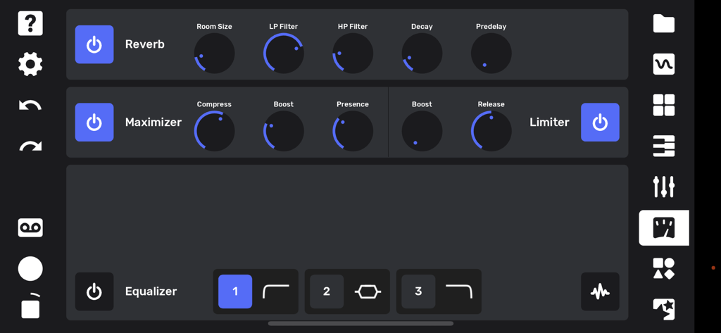 Flip Sampler - Flip Sampler app interface showing reverb maximizer and equalizer settings