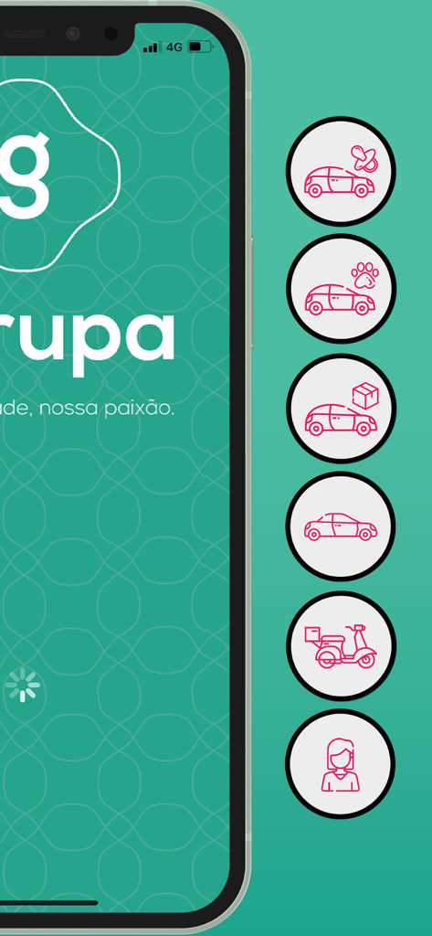 Garupa - Garupa app screen displaying icons for specialized transport services like pets kids and women drivers