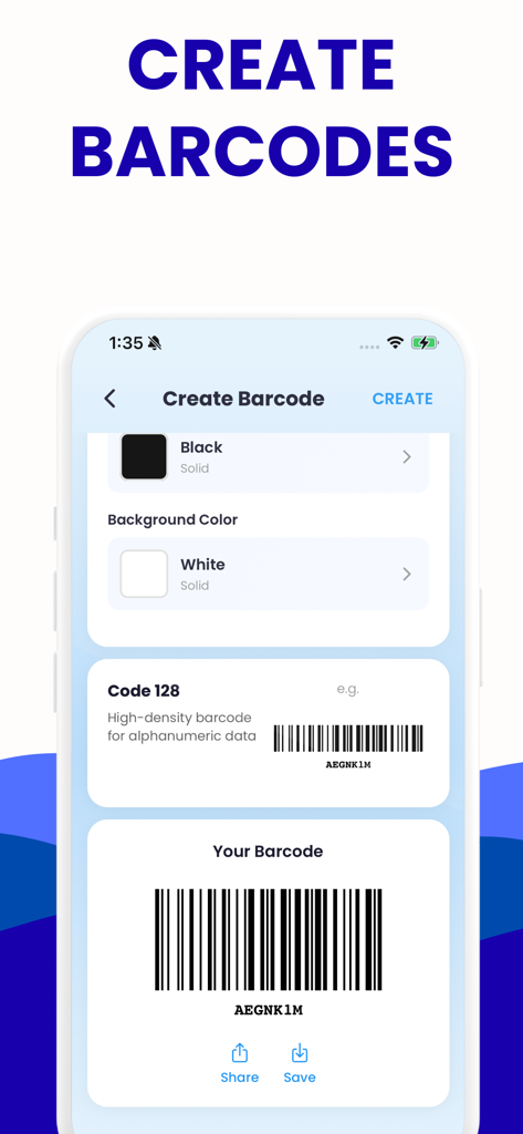 A mobile interface for creating a custom barcode with color and format settings.