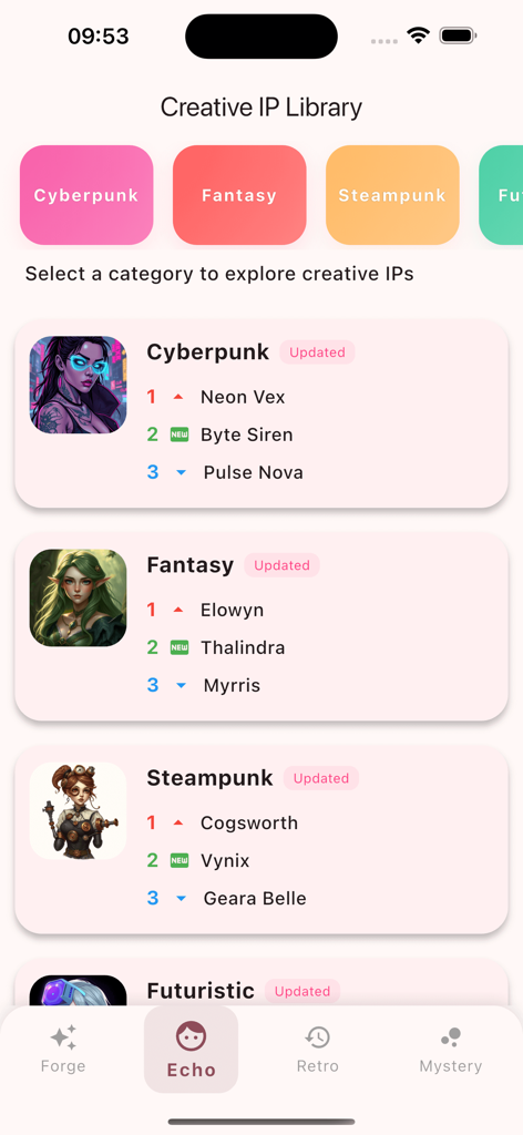 Kiskiss - Interfaz de la app Kiskiss mostrando la Biblioteca de IP Creativas con categorías de personajes Cyberpunk, Fantasía y Steampunk.