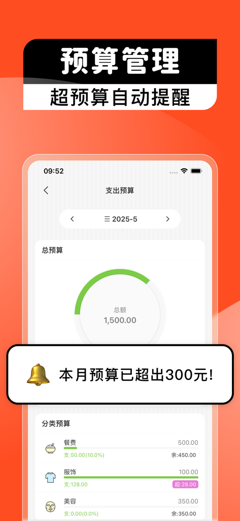 The budget management screen of Yue'er Bookkeeping app displaying an over-budget notification and spending categories.