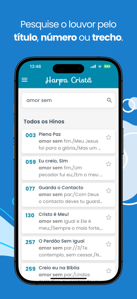 Harpa Cristã: Áudio e Playback - Tela de pesquisa do aplicativo Harpa Cristã exibindo uma lista de hinos filtrados pela frase "amor sem".