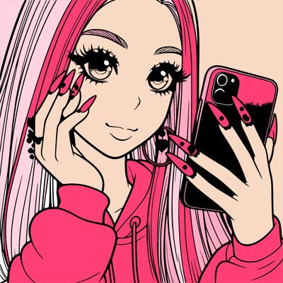 a girl with nails holding a phone realistic