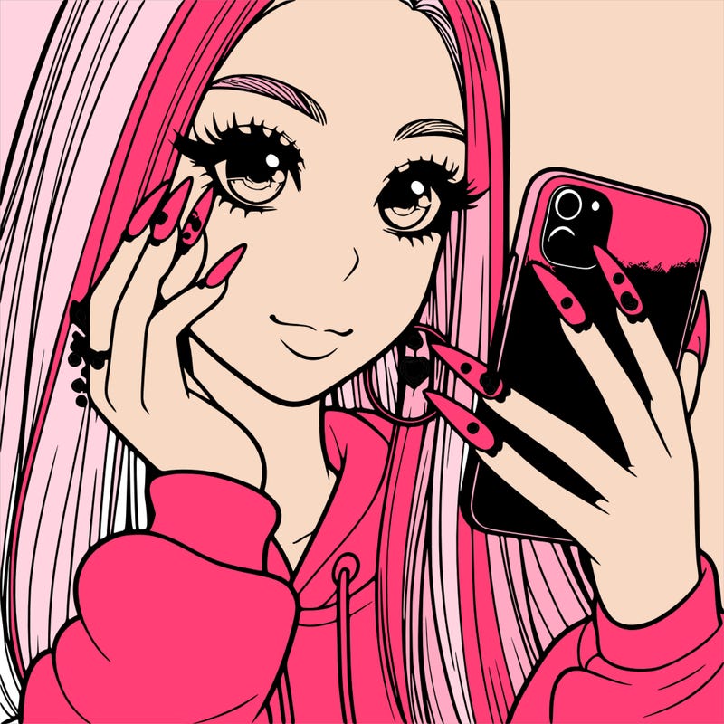 a girl with nails holding a phone realistic