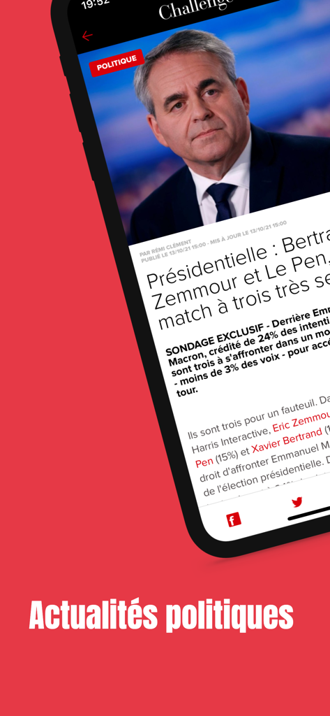Challenges - Challenges app displaying a French political news article about presidential elections on an iPhone screen