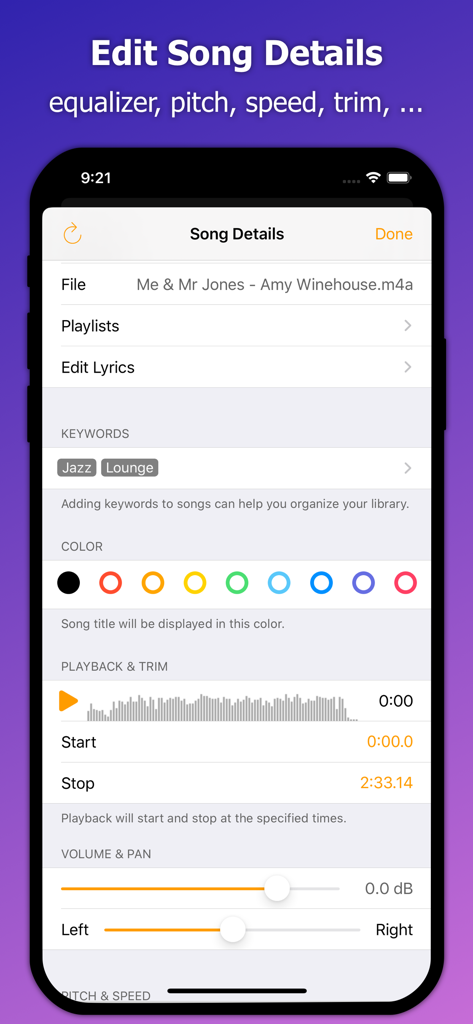 Stage Traxx 3 - Stage Traxx 3 app showing song details editor with playback and trim settings
