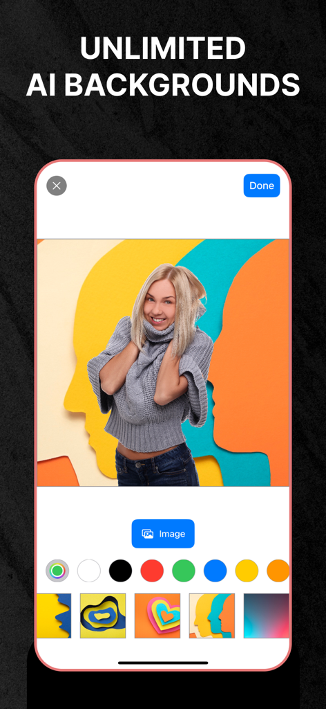 Uma tela de aplicativo móvel mostrando o recurso de planos de fundo ilimitados de IA para edição de fotos.