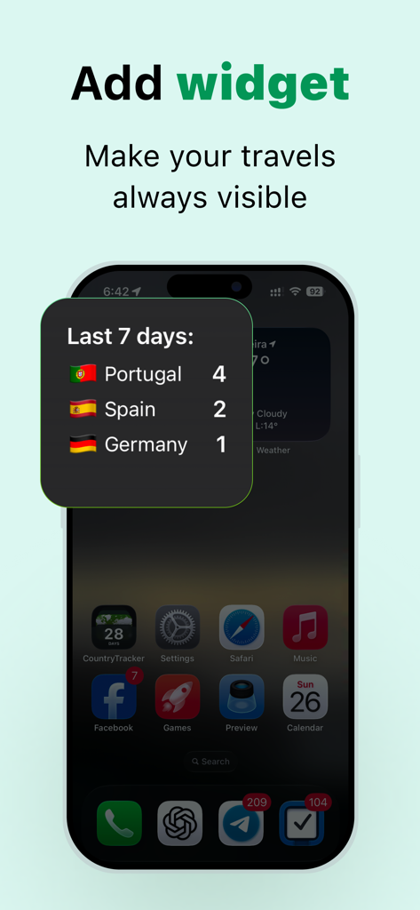 TripTrack: Days Abroad Counter - TripTrack mobile home screen widget showing travel days for Portugal, Spain, and Germany.