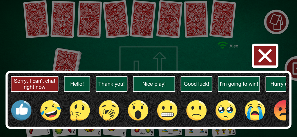 Quick chat menu and emojis in the Conquian 333 mobile card game