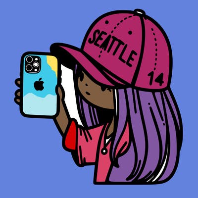 a girl with a seattle hat with an iphone 14