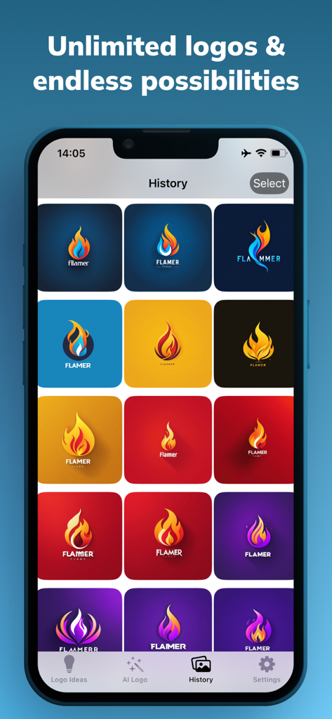 AI Logo Generator - Logo Maker - Pantalla de historial de AI Logo Generator mostrando varios diseños de logo de llama