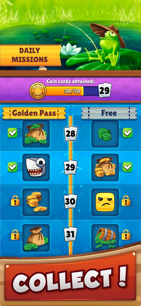 Scopa card game daily missions screen featuring golden pass rewards and progress bar