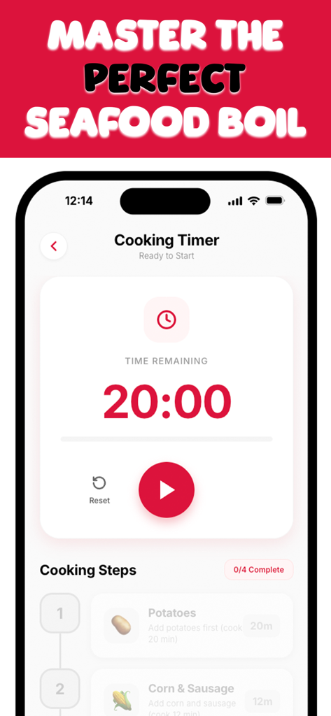 Boil Buddy: Seafood Calculator - Interfaz del temporizador de cocina de la aplicación Boil Buddy mostrando una cuenta regresiva de veinte minutos y un paso para añadir primero las patatas.
