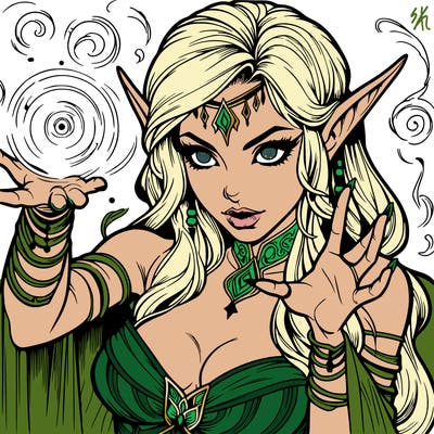 realistic scary beautiful elf sorceress casting spell