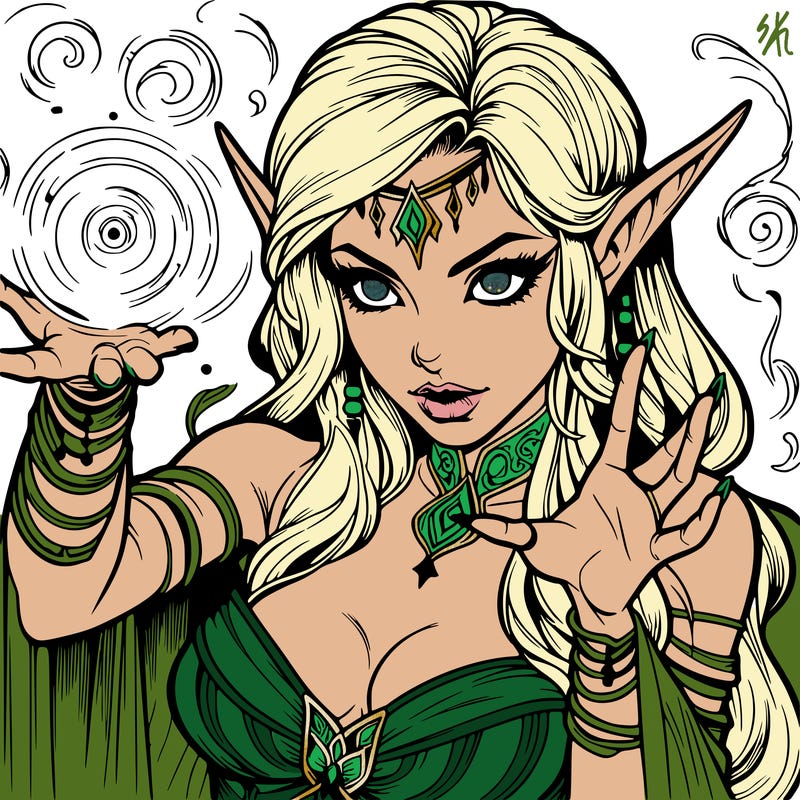realistic scary beautiful elf sorceress casting spell