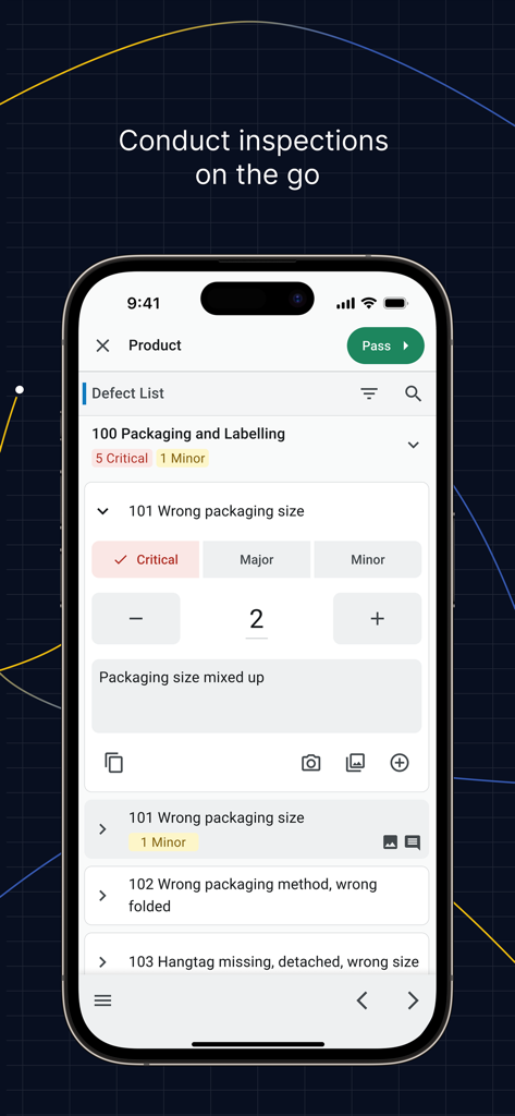 TBY Inspection Pro - Interfaz de la aplicación móvil TBY Inspection Pro que muestra una lista de defectos de control de calidad para embalaje y etiquetado con un error crítico registrado