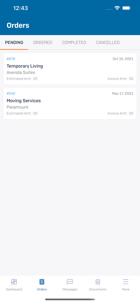 RelocateME - RelocateME app dashboard showing pending orders for temporary living and moving services