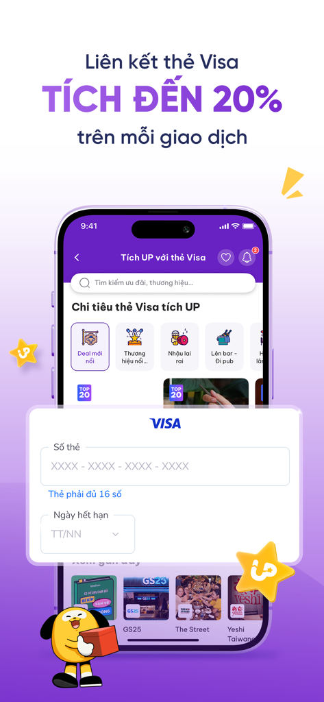 UrBox - Schermata dell'app UrBox che mostra il collegamento della carta Visa per guadagnare fino al venti percento di premi su ogni transazione