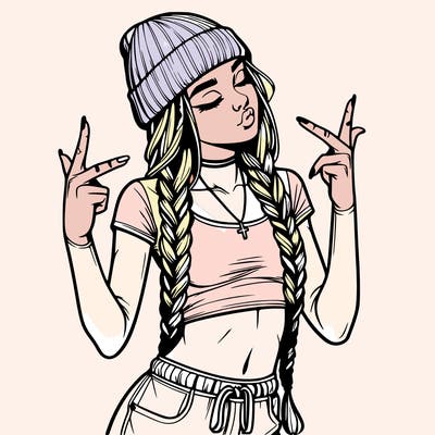 realistic teenage girl with braids and a beanie and crop top doing 🫶🏼