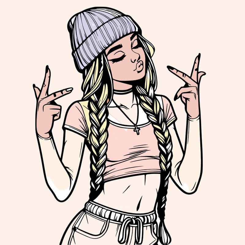 realistic teenage girl with braids and a beanie and crop top doing 🫶🏼