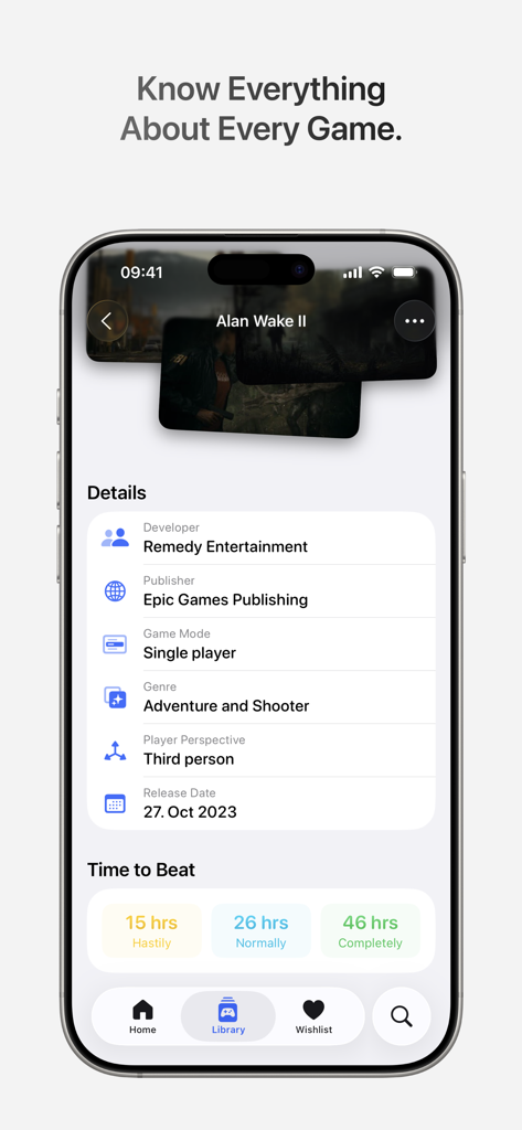 Gamery - Track Your Games - Capture d'écran de l'application Gamery montrant des informations détaillées sur le jeu et des statistiques de temps pour terminer Alan Wake II