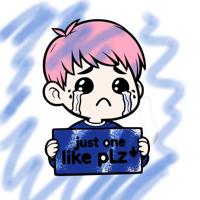 realistic crying boy with a sign saying just one like plz