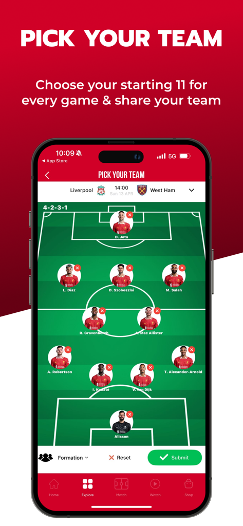 The Kop - Live Scores & News - The Kop app interface showing a custom starting eleven lineup builder for a Liverpool match