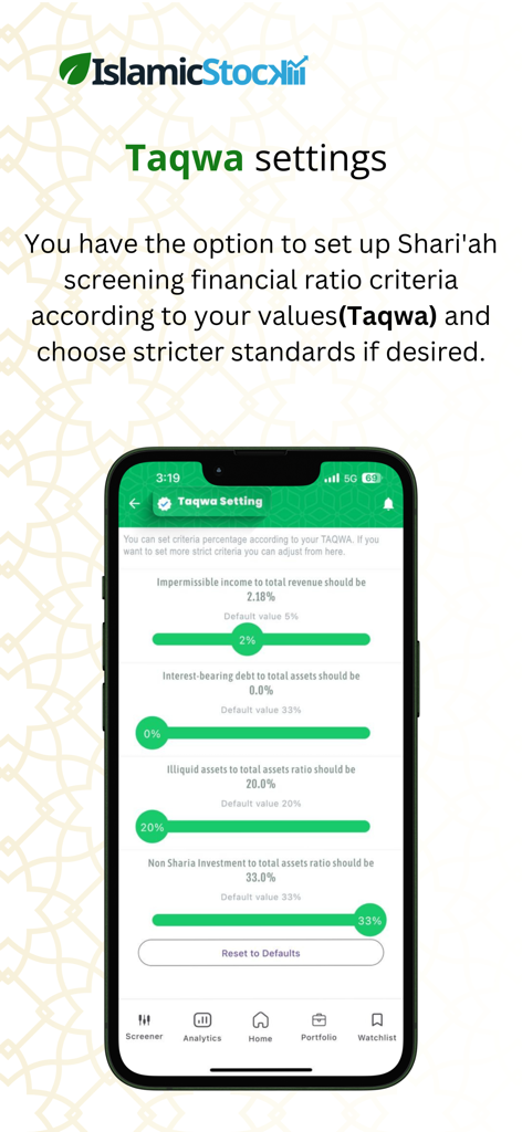 Taqwa settings interface in the IslamicStock app for custom Shariah stock screening criteria
