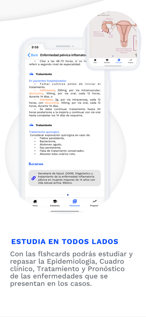 Estudio Medicina mobile app interface showing medical treatment protocols and anatomical diagrams for ENARM exam preparation