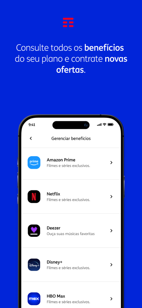 Pantalla de la app Meu TIM mostrando la gestión de beneficios del plan, incluyendo servicios de streaming como Netflix y Disney Plus