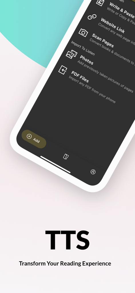 SpeakUp AI - SpeakUp AI app screen displaying text-to-speech import options for documents and websites