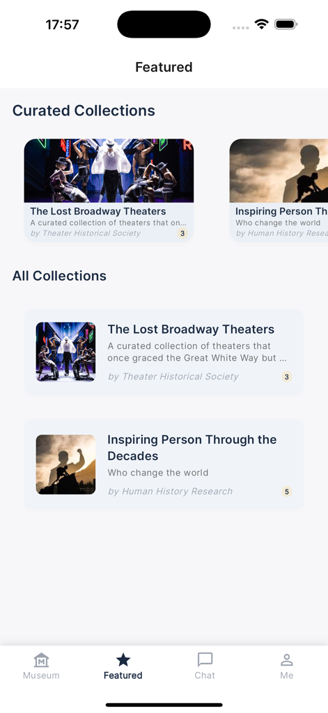 Memo - Share Stories - Memoアプリの特集画面のスクリーンショットで、「失われたブロードウェイ劇場」のような歴史的ストーリーのキュレーションされたコレクションが表示されています。