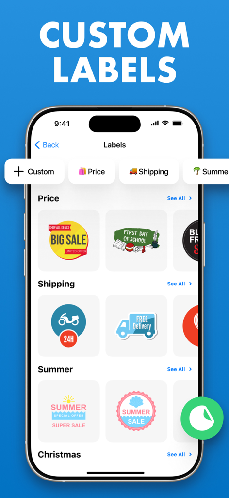 Interfaz de la app móvil mostrando una biblioteca de plantillas de etiquetas personalizadas para envíos minoristas y ventas de temporada
