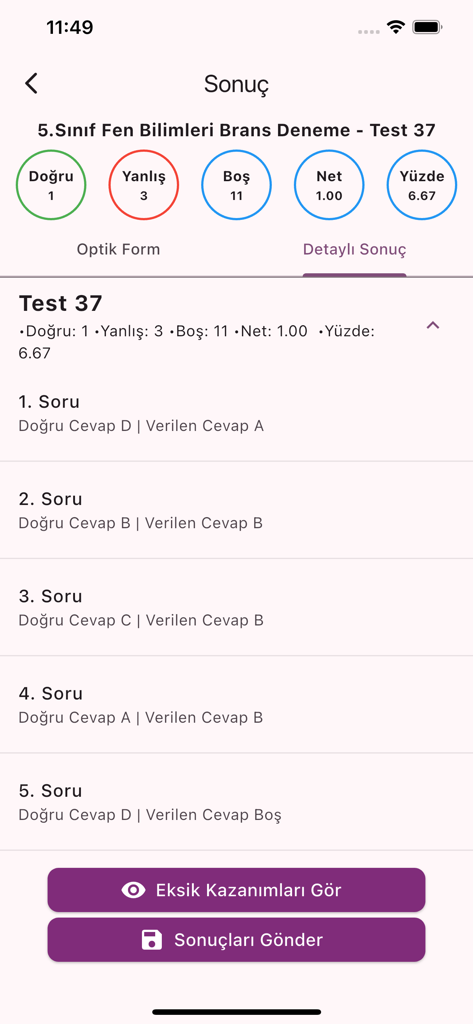 Hiper Zeka Optik Okuma - Interfaz de la aplicación móvil que muestra puntuaciones de exámenes y retroalimentación detallada de preguntas