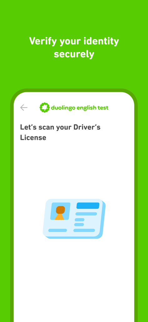 Una pantalla de la aplicación Duolingo English Test solicitando al usuario que escanee su licencia de conducir para la verificación de identidad.
