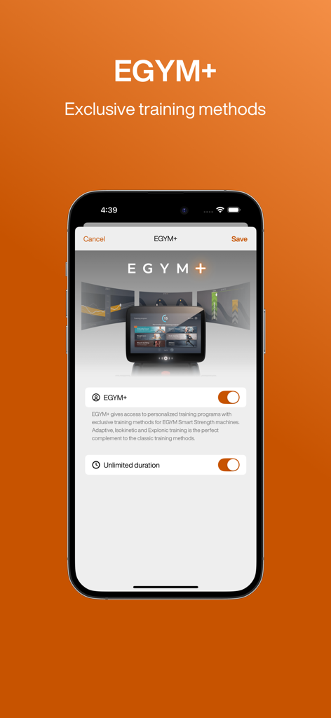 EGYM Trainer 앱 스크린샷, 독점적인 EGYM Plus 트레이닝 방법 및 회원 관리 기능 표시